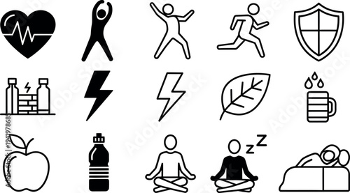 Comprehensive health and wellness icon collection featuring diverse lifestyle elements like fitness exercise nutrition rest and protection