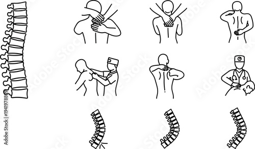 Comprehensive collection of spine anatomy and chiropractic therapy icons illustrating back pain adjustment and human body wellness in line art style