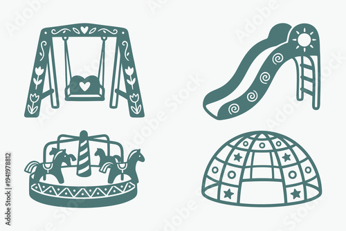 Kids Playground Equipment Swing Slide and Carousel Icons