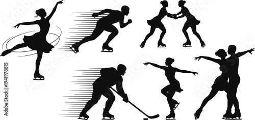 Ice skating silhouettes sequence, figure skater spin, speed skater motion, synchronized pair routine, hockey player action, graceful dance performance illustration