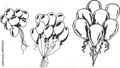 Hand Drawn Balloon Set with Curly Ribbon – Balloons Heap Collection, Doodle Style 