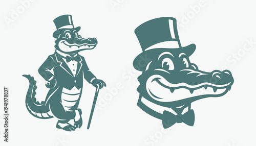 Vintage Gentleman Crocodile Mascot in Tuxedo and Top Hat