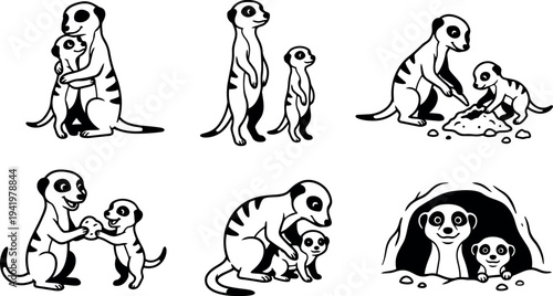 Black and white flat design meerkat family hugging digging and playing with stone in burrow vector art collection