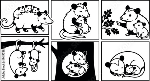 Black and white vector art of opossum mother and babies in various nurturing and playful poses with simple line style and cute expressions