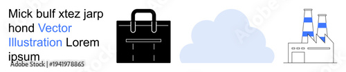 Business tools, workflow concepts, environmental impact, industrial processes, cloud storage, modern technology. Black briefcase, cloud shape factory with smokestacks. Workflow concepts