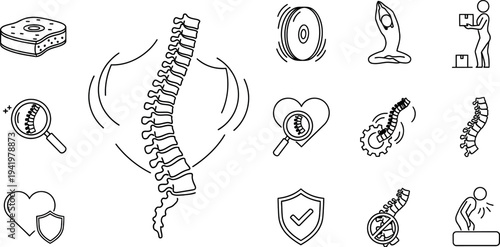 Comprehensive collection of outline icons illustrating human spine health medical diagnostics back pain chiropractic care and physical therapy concepts
