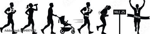Marathon silhouettes sequence, hydration pack runner, drinking athlete, stroller walker, fast sprinter, fatigued runner, finish line victory, endurance sports journey