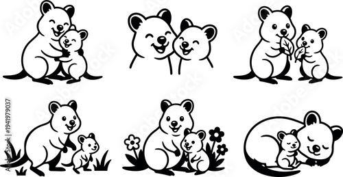 Cute vector art of mother and baby quokkas hugging playing eating leaves standing and sleeping together in simple black line style
