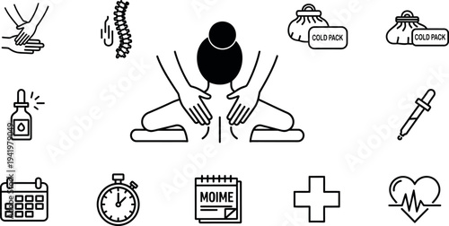 Comprehensive collection of line art health and wellness icons featuring massage therapy cold packs and medical symbols for modern designs