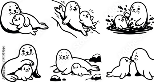 Cute smiling mother seal hugging baby seal playful swimming splashing water kissing and resting on rocks simple black line art