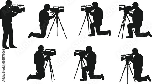 Videographer silhouette, cameraman filming, video camera, tripod pose, film worker, media job, recording work, professional occupation