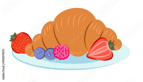 Hand Drawn Breakfast Plate with Croissant and Fresh Berries