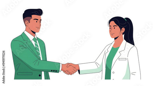 Businessman and woman in lab coat shaking hands in agreement