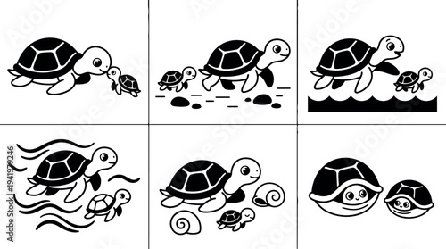 Black and white vector art of adult turtle and baby turtle in various playful aquatic and land scenes with shells and waves in minimalist style