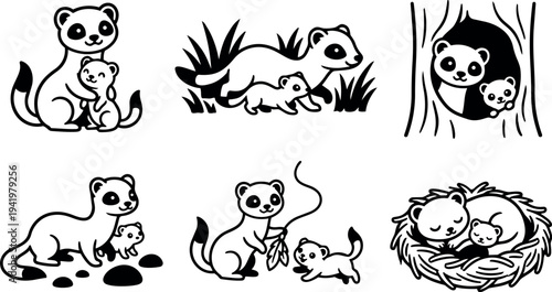 Cute black and white vector art of ferret family with parents and babies resting playing exploring in nest tree and grass