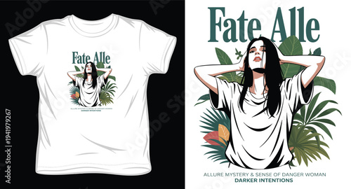 Fashionable woman with flowers on t-shirt, allure mystery and sense of danger