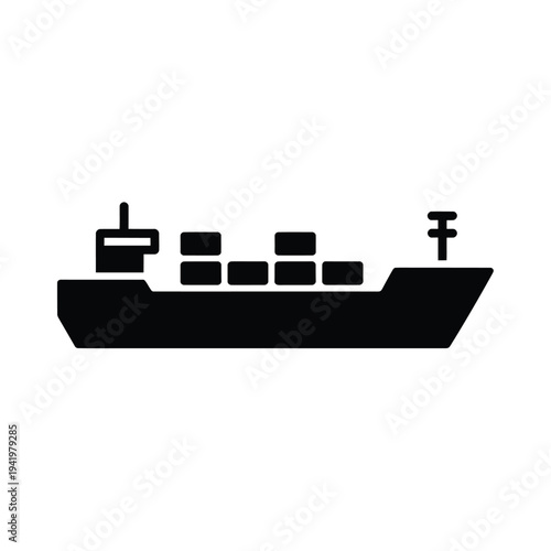 Simple black silhouette of a cargo ship with stacked containers on deck