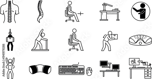 Comprehensive collection of ergonomic health and office posture outline icons for wellness and safety guidelines