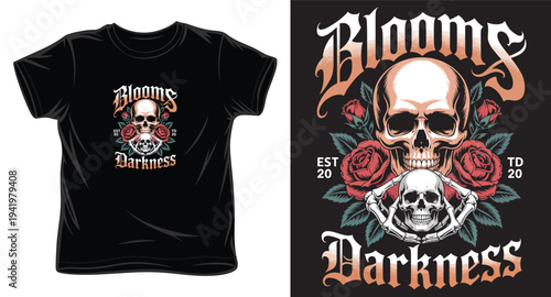 Blooms darkness, vintage skull with roses design and gothic font for t-shirt print
