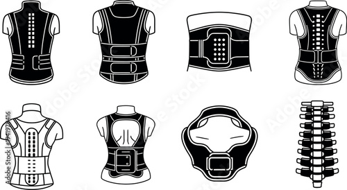 Collection of diverse medical back brace posture corrector and human spine icons for orthopedic health and rehabilitation treatment