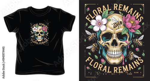 Floral remains, vintage skull with flowers and bees design for t-shirt