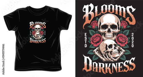 Blooms in darkness vintage t-shirt design featuring double skull composition and red roses on black background