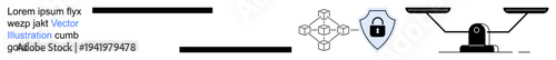 Cybersecurity, privacy, digital protection, legal concepts, technology systems, data security. Network connection and shield icon with padlock next to a scale. Cybersecurity and privacy concepts