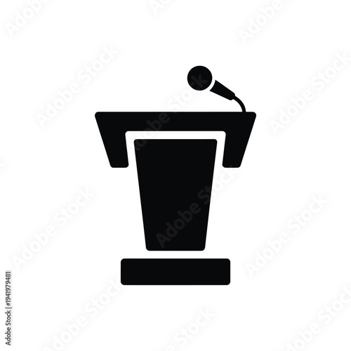 Simple black silhouette of a podium with a microphone isolated on white