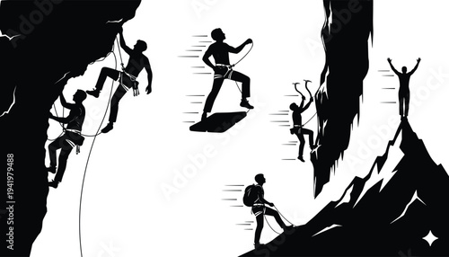 Mountain climbing silhouettes, rope ascent, ice axe climber, slope hiker, summit victory pose, outdoor adventure sports, dynamic alpine performance illustration