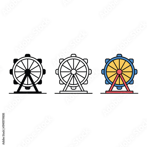 Three colorful depictions of a ferris wheel showcasing different styles