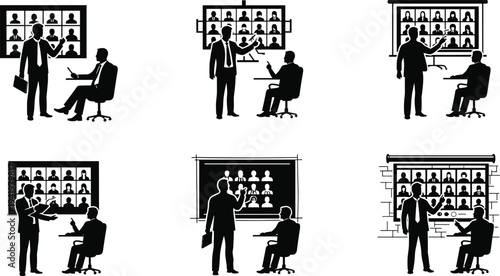 Virtual meeting silhouette, hybrid presentation scene, business communication concept, remote collaboration moment, cad drawing flat vector illustration