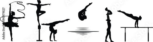 Silhouettes of athletes performing gymnastics, acrobatics, diving, ribbon dance, balance, strength, flexibility, teamwork, precision, dynamic sports movements, silhouettes