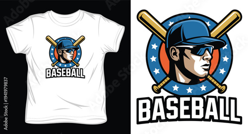 Baseball player head with bat and stars graphic t-shirt design
