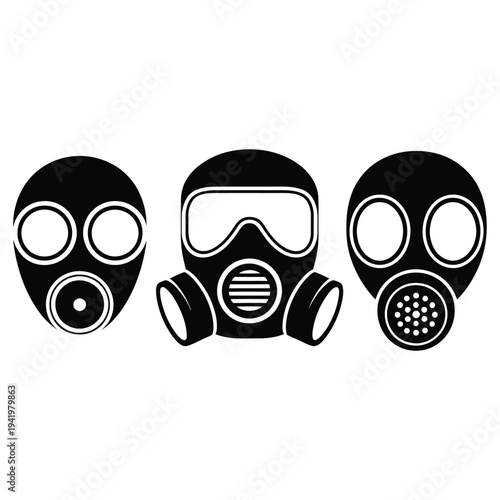 Three black gas masks on white background respirator