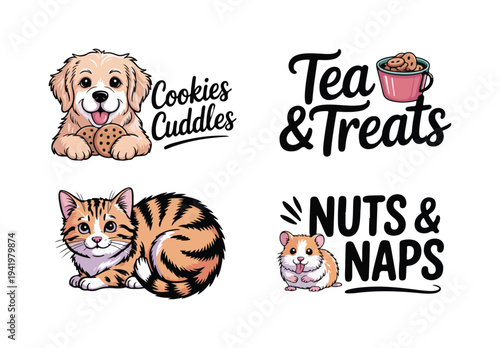 Cute Pet and Snack Themed Vector Illustration Set with Golden Retriever Puppy, Cat, Hamster, Tea, Cookies, and Nuts for Animal Lovers and Cozy Concepts