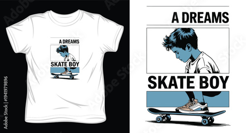 A dreams skate boy modern trendy t-shirt design with graphic print of kid on skateboard for apparel branding