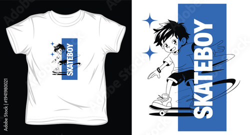 Skateboy t-shirt design with a cheerful boy riding a skateboard and a blue vertical strip with text