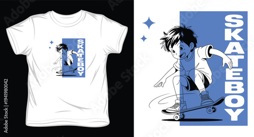 Skateboy t-shirt design with a smiling boy riding a skateboard, stars, and a light blue vertical strip with text