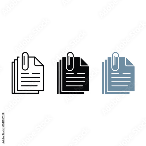 Document icons with paper clip attachments in three different color schemes
