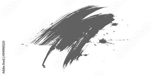 Black grunge brush stroke with paint splatter on light gray background, rough textured ink swipe, minimalist abstract design vector illustration.