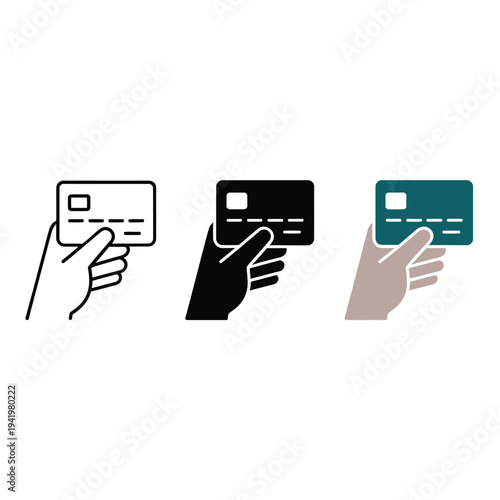 Three hands holding credit cards in different color schemes black dark and teal