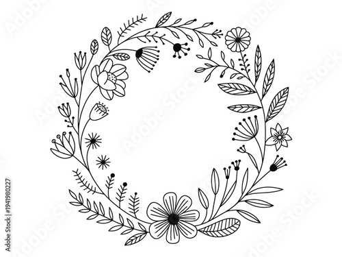 Black and white floral circular frame composed of delicate leaves and small blossoms creates an.