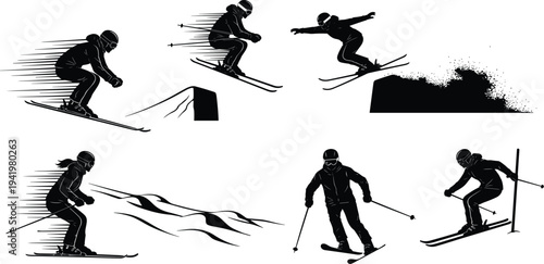 Skiing silhouettes sequence, aerial jumps, downhill speed, mogul navigation, relaxed skier stance, sharp turn motion, dynamic winter sports performance illustration