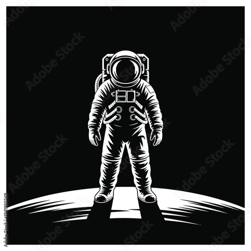 White astronaut standing on dark surface with sharp shadows