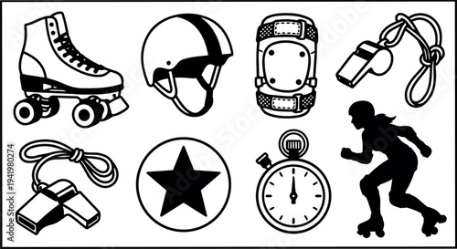Black and white vector art of roller skate helmet knee pad stopwatch whistle and roller skating woman silhouette in action