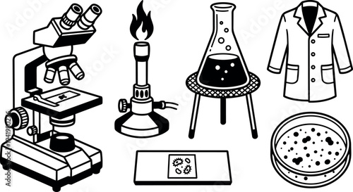 Black and white vector set of scientific laboratory tools including microscope burner flask petri dish lab coat microscope slide