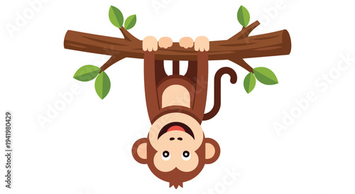Cute cartoon monkey hanging upside down from tree branch with green leaves