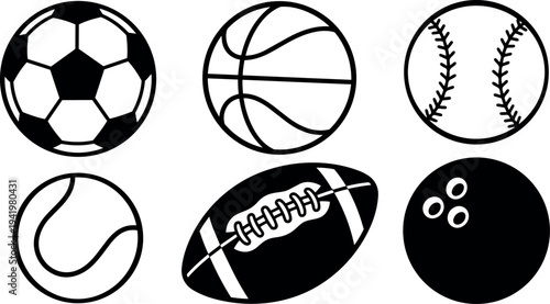 Black and white flat design set of six different sports balls including soccer basketball baseball tennis football and bowling balls