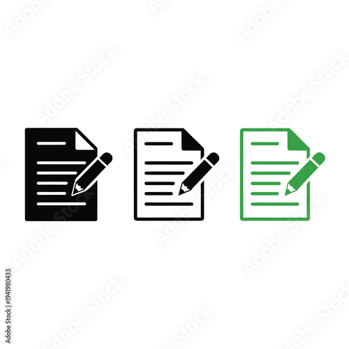 Three document icons with pencils in black gray and green color variations