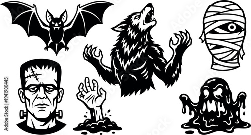 Black and white vector art set of classic horror characters including werewolf howling bat flying mummy head hand rising and melting ghost design